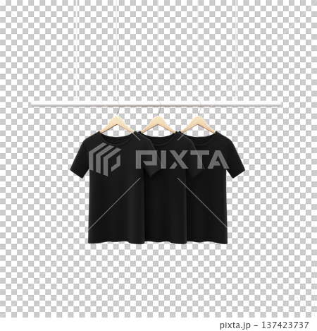 Three black t shirts hang on wooden hangers from minimalist white rod, creating sleek and modern display. simplicity and elegance of arrangement highlight shirts design 137423737