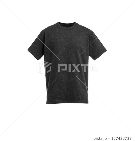 Plain black t shirt is displayed against transparency background, showcasing its simple and classic design. short sleeved shirt is suitable for casual wear and can be paired with various outfits 137423738