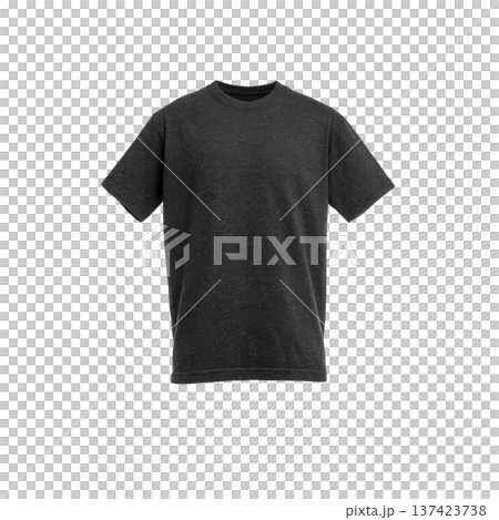 Plain black t shirt is displayed against transparency background, showcasing its simple and classic design. short sleeved shirt is suitable for casual wear and can be paired with various outfits 137423738