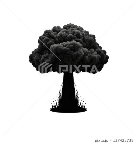 Dramatic black and white illustration of mushroom cloud, symbolizing explosion or nuclear blast, with billowing smoke and powerful impact 137423739