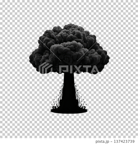 Dramatic black and white illustration of mushroom cloud, symbolizing explosion or nuclear blast, with billowing smoke and powerful impact 137423739