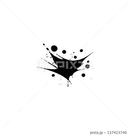 Black ink splatter with irregular edges and scattered droplets on transparency background, creating abstract and dynamic design 137423740