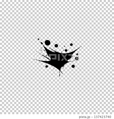 Black ink splatter with irregular edges and scattered droplets on transparency background, creating abstract and dynamic design 137423740