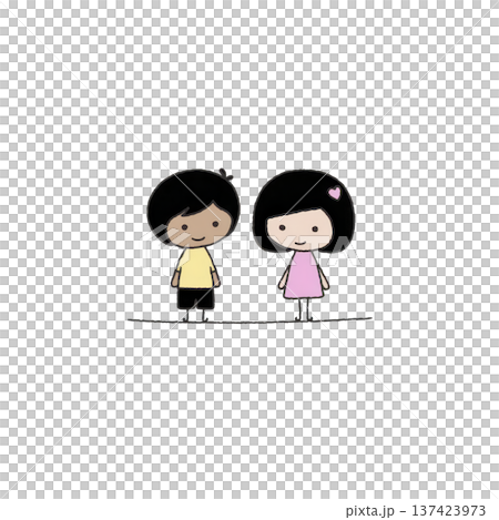 Cute illustration of two cartoon characters, boy and girl, standing side by side. boy wears yellow shirt and shorts, while girl wears pink dress with heart detail 137423973