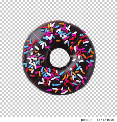 Chocolate glazed donut with colorful sprinkles on top, isolated on transparency background. vibrant sprinkles add playful touch to classic treat, making it visually appealing 137424036