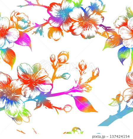 Cherry branches with flowers, colored sakura seamless pattern background. Hand drawn. Not AI, vector illustration. 137424154