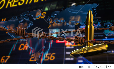 Global Conflict And Economic Crisis Concept With Bullets And World Map 3d render. 137424177
