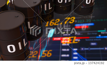 Oil Barrels With Global Energy Market Trading Data Background 3d render. 137424192