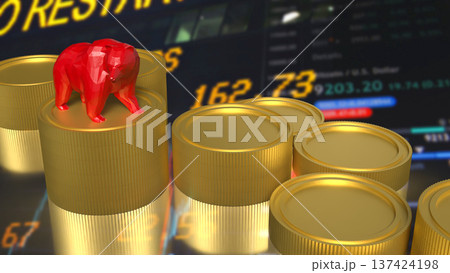 Red Bear On Gold Coins Stock Market Downtrend Concept 3d render. 137424198
