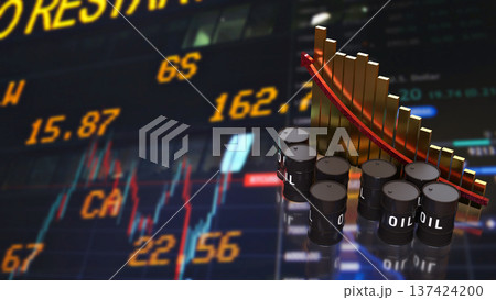 Oil Price Decline Chart With Barrels Energy Market Concept 3d render. 137424200