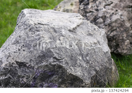 Massive stones with visible texture on a field. Natural strength and rustic tranquility. 137424294