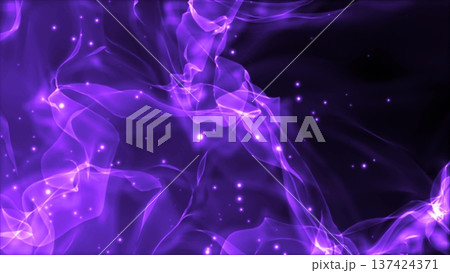 Abstract purple smoke flies in waves and flying particles are bright glowing with a blur effect. Abstract background 137424371