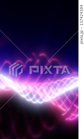 Glowing waveforms of pink and white light curve across a dark background, creating a sense of motion and energy Glowing waveforms of pink and white light curve across a dark background, creating a sense of motion and energy 137424384