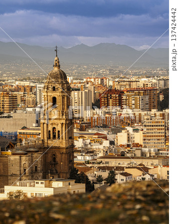 Sunlit Malaga Cathedral Tower Over Warm Urban Skyline With Mountains and Dramatic Sky Sunlit Malaga Cathedral Tower Over Warm Urban Skyline With Mountains and Dramatic Sky 137424442