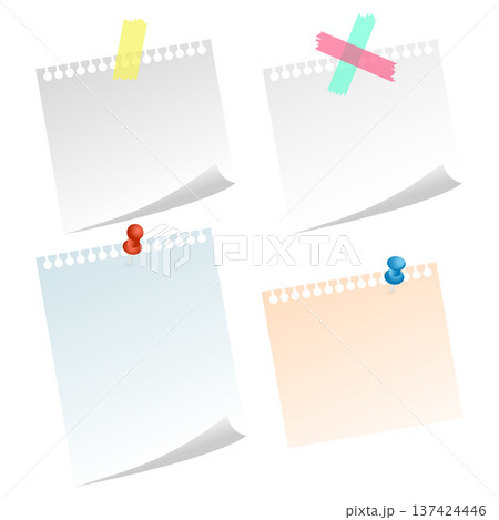 Note sheets pinned with pushpins and taped with tape 137424446