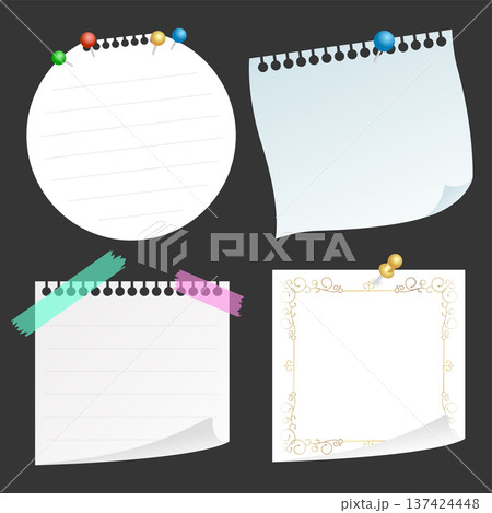 Various notepads pinned with pushpins and taped with tape Various notepads pinned with pushpins and taped with tape 137424448