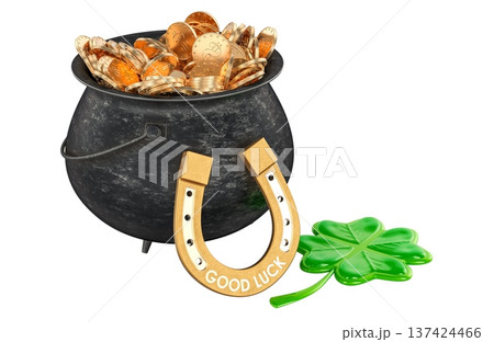 Saint Patricks Day, concept with pot of gold with horseshoe and four leaf clover. 3D rendering Saint Patricks Day, concept with pot of gold with horseshoe and four leaf clover. 3D rendering 137424466