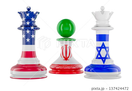 Chess pieces with USA, Iran and Israel flags, war conflict concept. 3D rendering 137424472