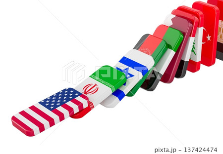 Domino chain with flags of USA, Iran, Israel and other Middle East countries as metaphor of geopolitical escalation, regional war and chain reaction, 3d rendering 137424474
