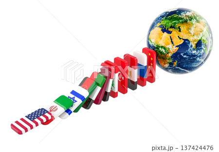 Falling dominoes with USA, Iran, Israel, Middle East and Russian, Chinese flags leading to Earth. Geopolitical escalation, global war effect and world instability, 3d rendering Falling dominoes with USA, Iran, Israel, Middle East and Russian, Chinese flags leading to Earth. Geopolitical escalation, global war effect and world instability, 3d rendering 137424476