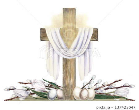 Watercolor illustration of a wooden Christian cross with white ribbon cloth, Easter eggs, willow branches. Religious Easter clipart with soft golden glow on pastel background. Symbol of resurrection 137425047