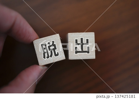 脱出を表す文字ブロックと木製背景。 脱出を表す文字ブロックと木製背景。 137425181