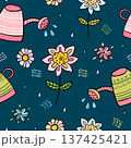 Seamless garden themed vector pattern with floral elements and watering cans on dark blue background 137425421