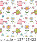 Seamless vector pattern with flowers and watering cans on white background - garden theme 137425422