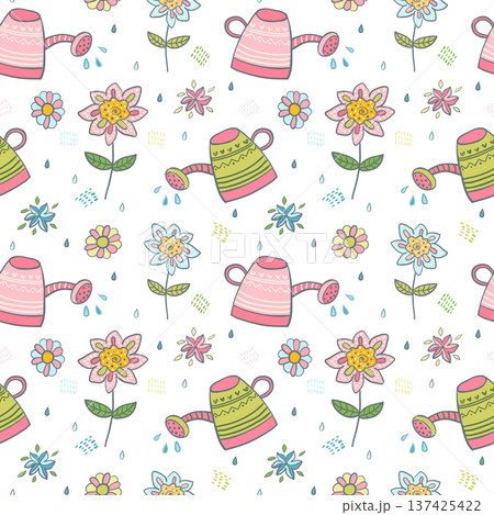 Seamless vector pattern with flowers and watering cans on white background - garden theme 137425422