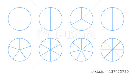 Many number of sectors divide the circle on from 1 to 8 equal parts. Set of Pie, pizza charts. Segmented blue charts collection. Segments infographic icons templates. Diagram wheel parts pattern. Many number of sectors divide the circle on from 1 to 8 equal parts. Set of Pie, pizza charts. Segmented blue charts collection. Segments infographic icons templates. Diagram wheel parts pattern. 137425720