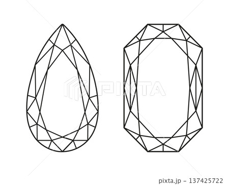 Pear, Radiant diamond cut shapes. Diamond flat top view. Pear, Phoenix Radiant brilliant cut icons. Gemstone outline simple patterns for jewellery design, branding, packaging, logotype. Design diagram 137425722