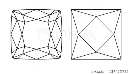 Cushion, Princess diamond cut shapes. Design diagram. Cushion, Princess brilliants. Diamond pad shape top view. Gemstone outline icons for jewellery design, branding, packaging, logo, digital graphic. Cushion, Princess diamond cut shapes. Design diagram. Cushion, Princess brilliants. Diamond pad shape top view. Gemstone outline icons for jewellery design, branding, packaging, logo, digital graphic. 137425723