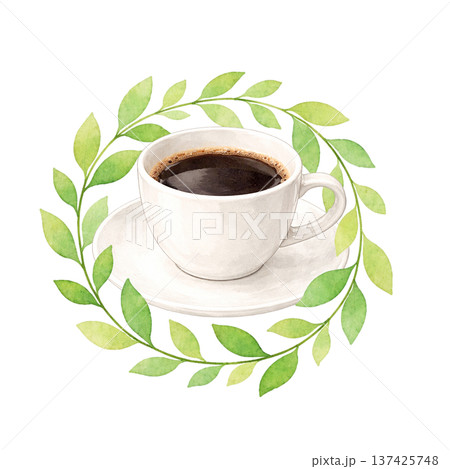 水彩コーヒーカップのかわいいカフェ素材 手描きコーヒーと装飾アイコンセット 137425748