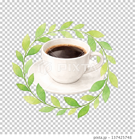 水彩コーヒーカップのかわいいカフェ素材 手描きコーヒーと装飾アイコンセット 137425748