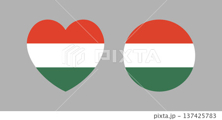 Hungary flag badges. Set of Hungarian flag circle, heart icons. Round, heart flags of Hungary buttons, stickers. 137425783