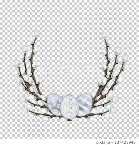 Wreath with willow branches, Easter eggs. Botanical watercolor clipart of spring renewal and Easter celebration isolated on white background for invitations, cards and seasonal design. 137425948
