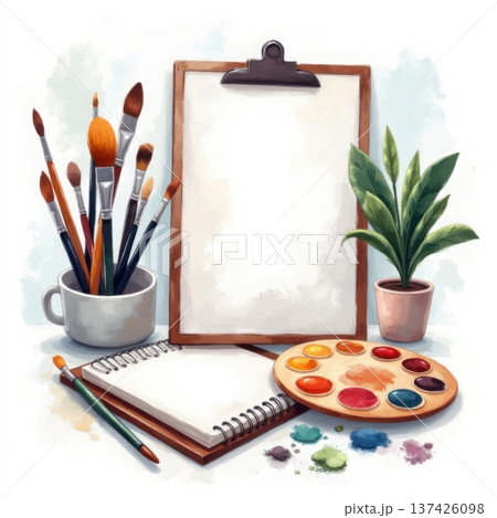 Artist's workspace with brushes, clipboard, sketchbooks, and a vibrant color palette Artist's workspace with brushes, clipboard, sketchbooks, and a vibrant color palette 137426098