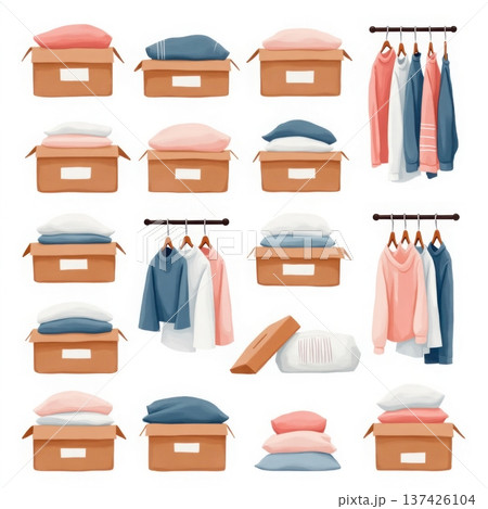 Boxes filled with clothes and pillows ready for moving or storage, organized household items Boxes filled with clothes and pillows ready for moving or storage, organized household items 137426104
