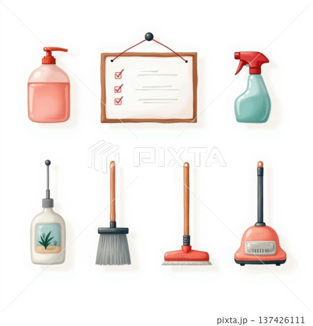 Cleaning supplies for home and office hygiene top view of domestic cleaning tools and checklist 137426111