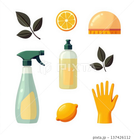 Cleaning supplies set with spray bottle, liquid soap, gloves, and natural citrus elements 137426112