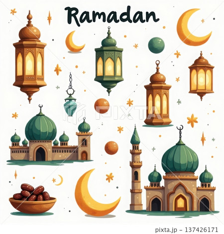 Ramadan decoration mosque lantern dates crescent moon and stars celebration Ramadan decoration mosque lantern dates crescent moon and stars celebration 137426171