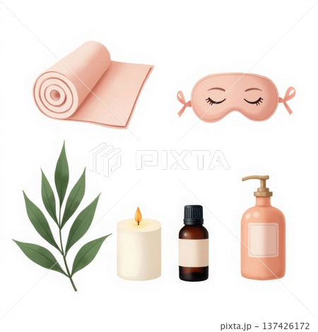 Relaxation and wellness spa items rolled mat eye mask candle essential oil bottle Relaxation and wellness spa items rolled mat eye mask candle essential oil bottle 137426172