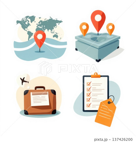 Travel planning concepts world map suitcase checklist and destination pins for vacation 137426200