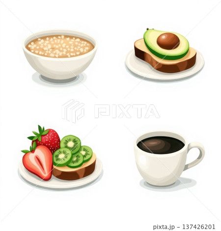Variety of healthy breakfast options with oatmeal, avocado toast, fruit toast, and coffee Variety of healthy breakfast options with oatmeal, avocado toast, fruit toast, and coffee 137426201