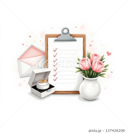 Wedding planning checklist, engagement rings, invitation envelope and rose bouquet Wedding planning checklist, engagement rings, invitation envelope and rose bouquet 137426206