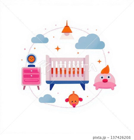 Whimsical nursery room setting illustration with a crib, dresser, and playful elements 137426208