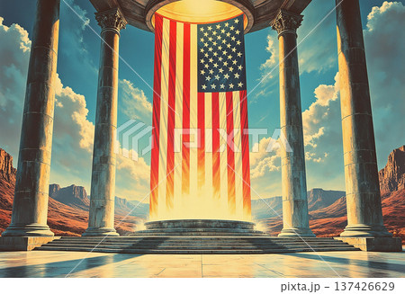 American flag displayed in classical monument at sunrise American flag displayed in classical monument at sunrise 137426629