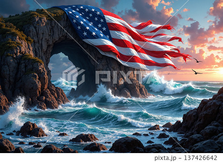 American flag drapes across a natural rock archway American flag drapes across a natural rock archway 137426642