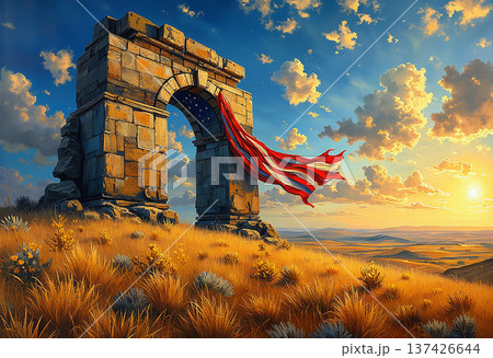 American flag drapes from stone arch on golden hill American flag drapes from stone arch on golden hill 137426644