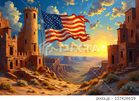 American flag flies over desert castle landscape 137426659
